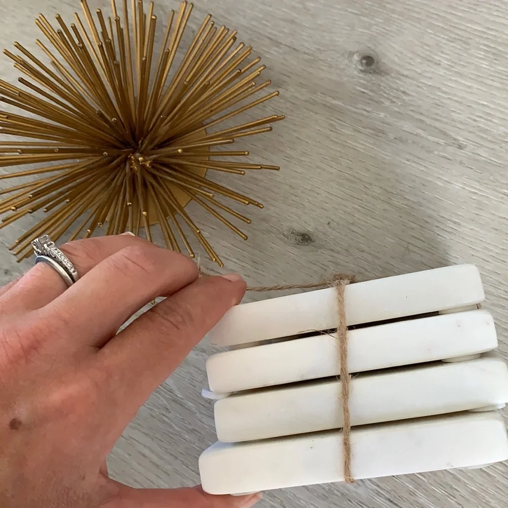 “B” West Elm Set 4 Marble Coasters gold monogram